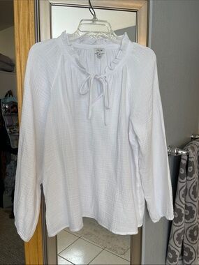 J. Crew White Ruffle Tie-Neck Tunic